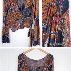Free People “Fiona” Tie Waist Bell Sleeve Boho Top
